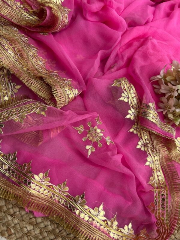 Pink Diamond Chiffon Saree with Traditional Gota Patti Leaf Hand Work and Golden Fringe Border. - Image 3