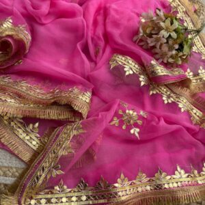 Pink Diamond Chiffon Saree with Traditional Gota Patti Leaf Hand Work and Golden Fringe Border.