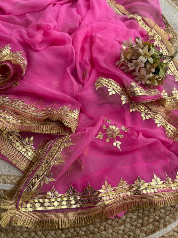 Pink Diamond Chiffon Saree with Traditional Gota Patti Leaf Hand Work and Golden Fringe Border.