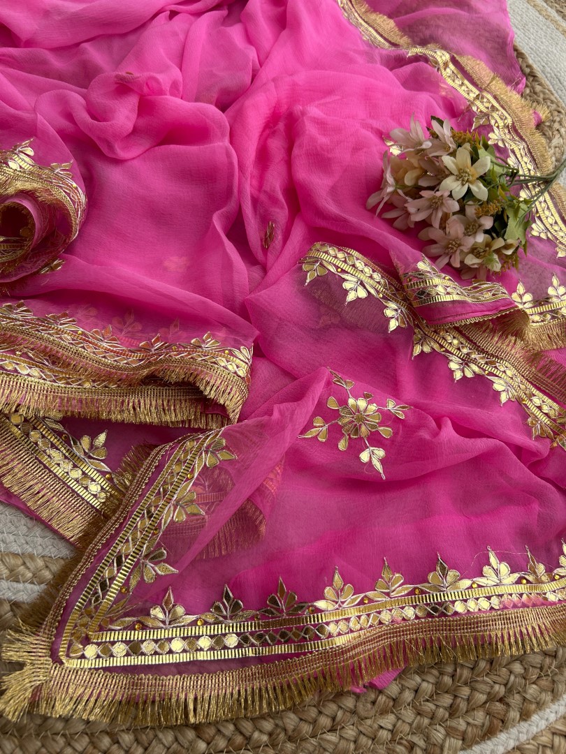 Pink Diamond Chiffon Saree with Traditional Gota Patti Leaf Hand Work and Golden Fringe Border.