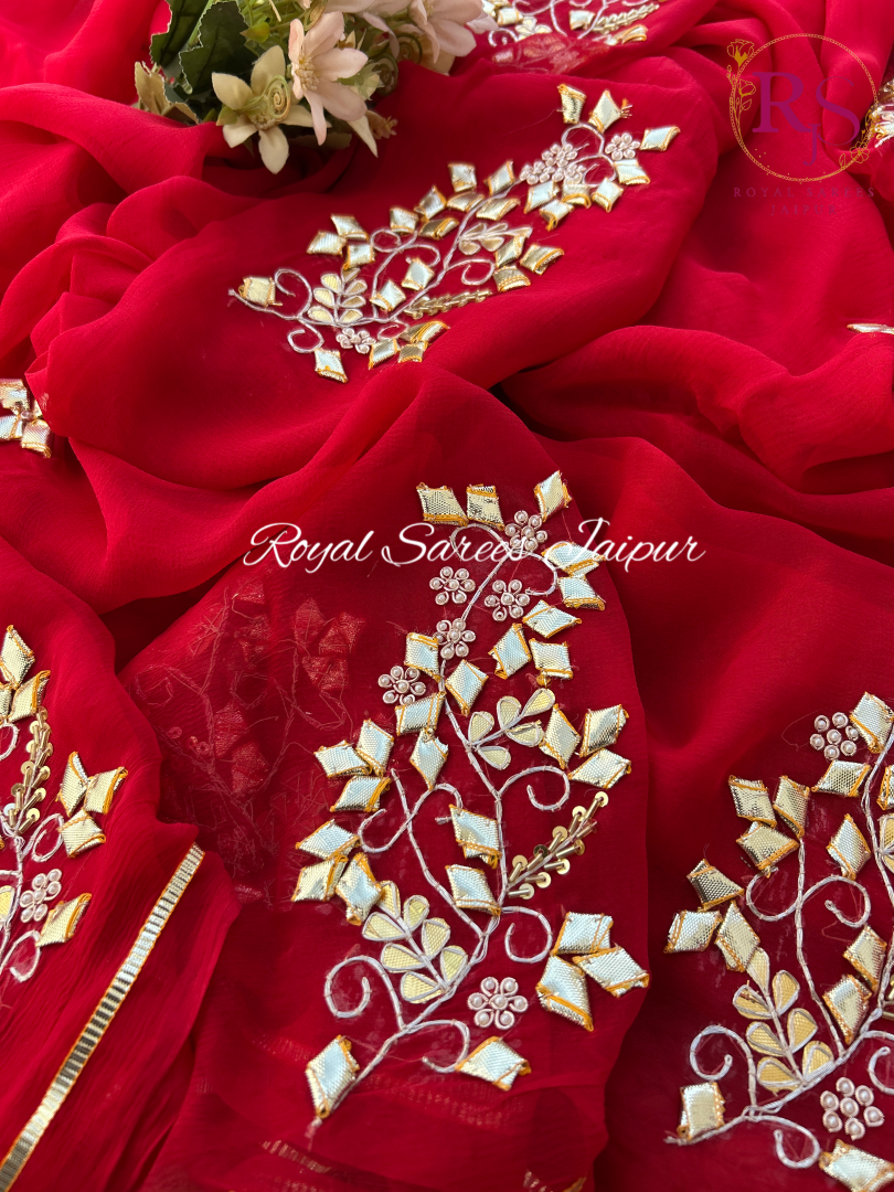 Rajwadi Laal Diamond Chiffon Saree with Hand Embroidered Gota Patti work - Image 2