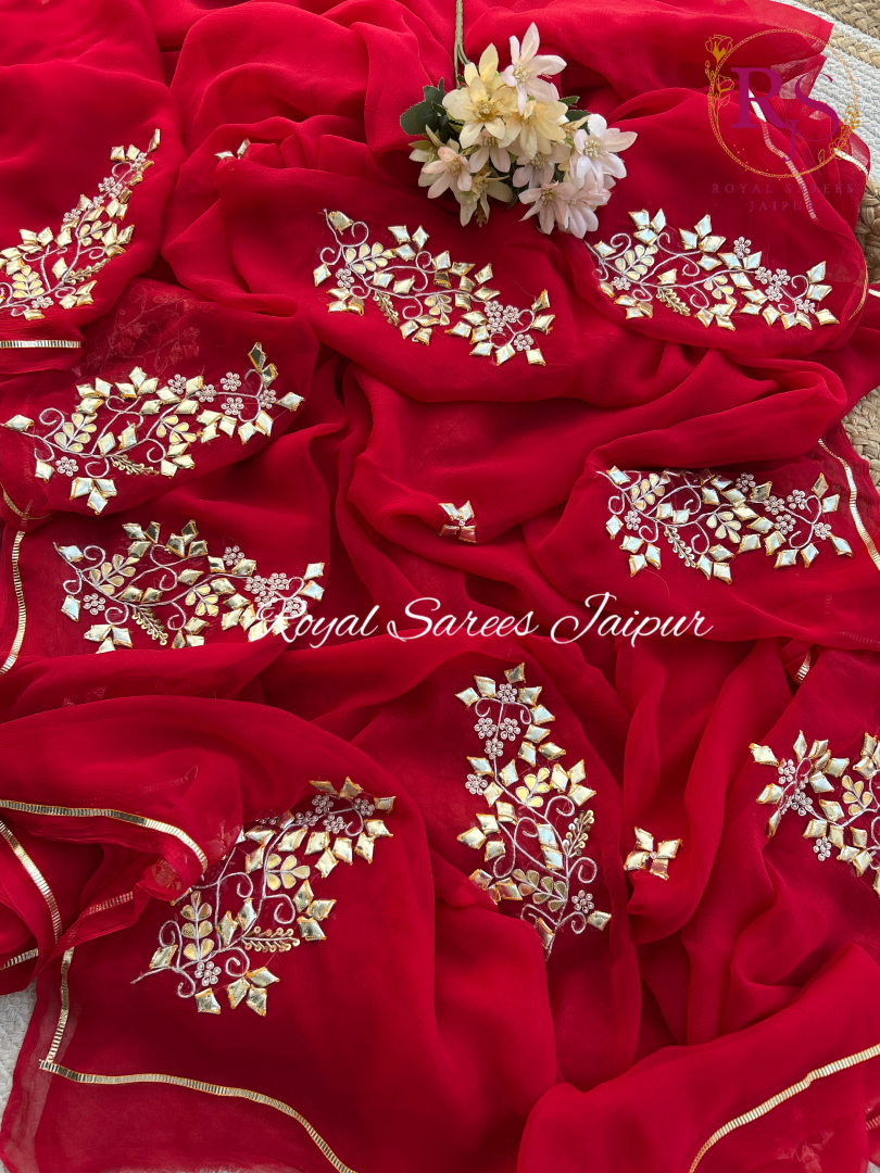 Rajwadi Laal Diamond Chiffon Saree with Hand Embroidered Gota Patti work