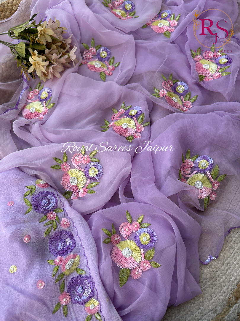 Lavender Blossom Diamond Chiffon Saree with Hand-Embroidered Sequins And Thread Florals