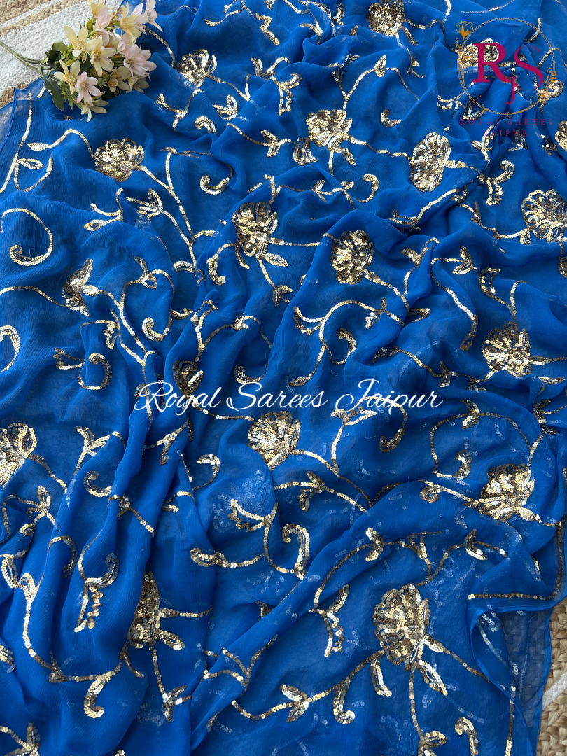 Royal Blue Diamond Chiffon Saree with Golden Sequin Hand Embroidered Floral heavy Jaal Work