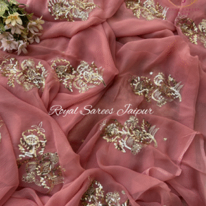Peach Bloom Diamond Chiffon Saree with Golden Floral Zari and Sequins Hand Work