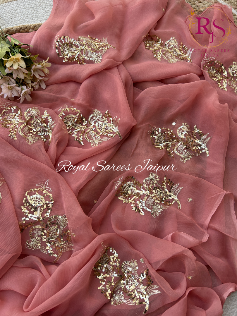 Peach Bloom Diamond Chiffon Saree with Golden Floral Zari and Sequins Hand Work
