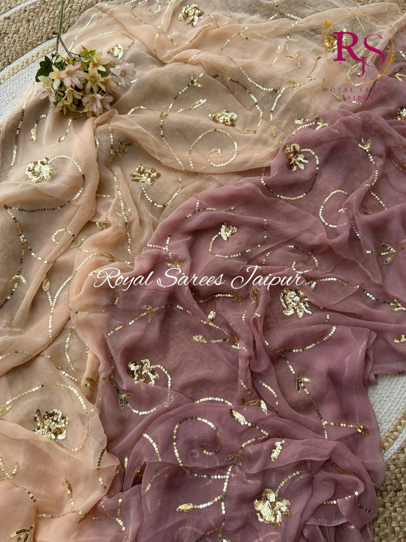 Dual-Tone Diamond Chiffon Saree Adorned with Hand Embroidered Golden Sequin Work