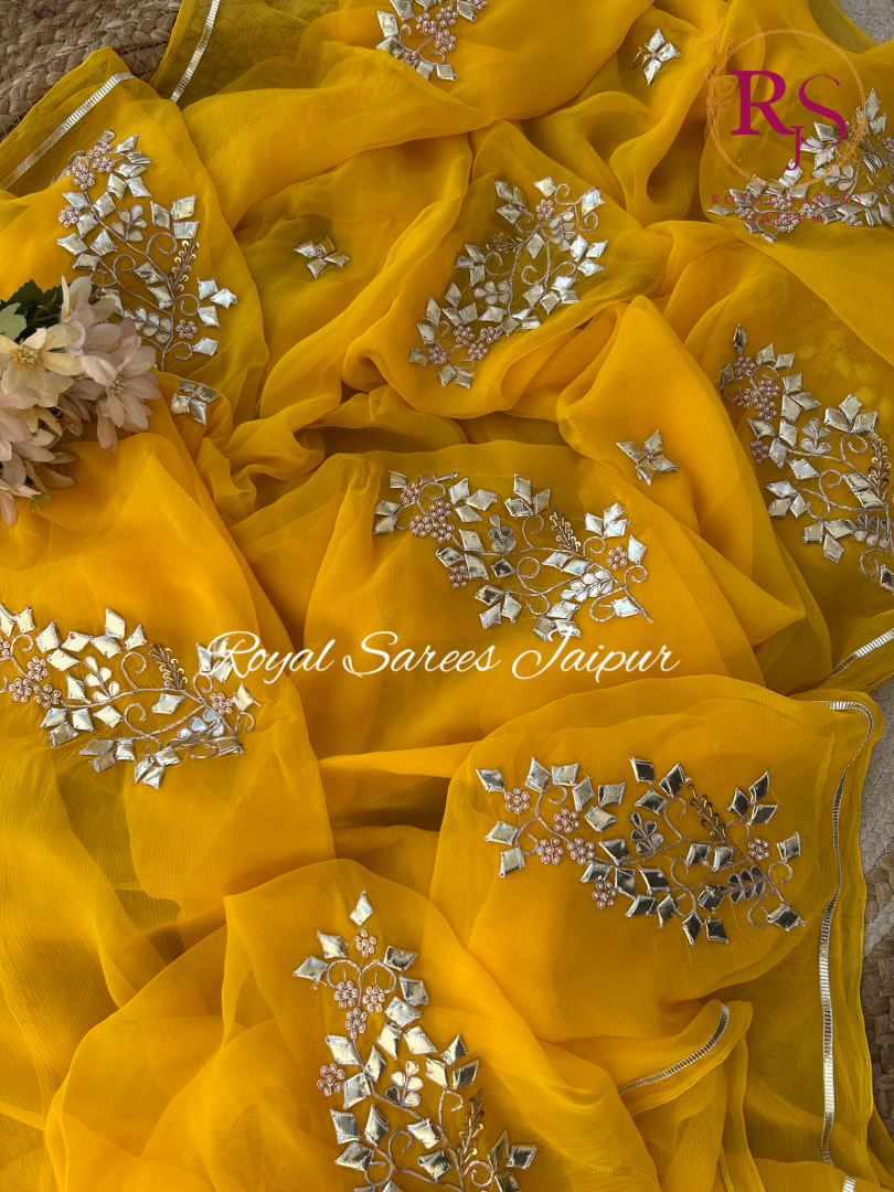 Sunshine Yellow Diamond Chiffon Saree With Gota Patti Hand Embroidered work