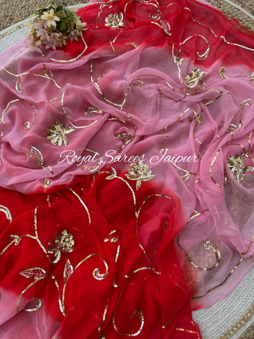 Red Pink Ombre Diamond Chiffon Saree