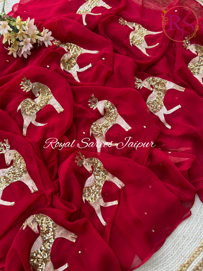 Golden Deer Festive Red Saree